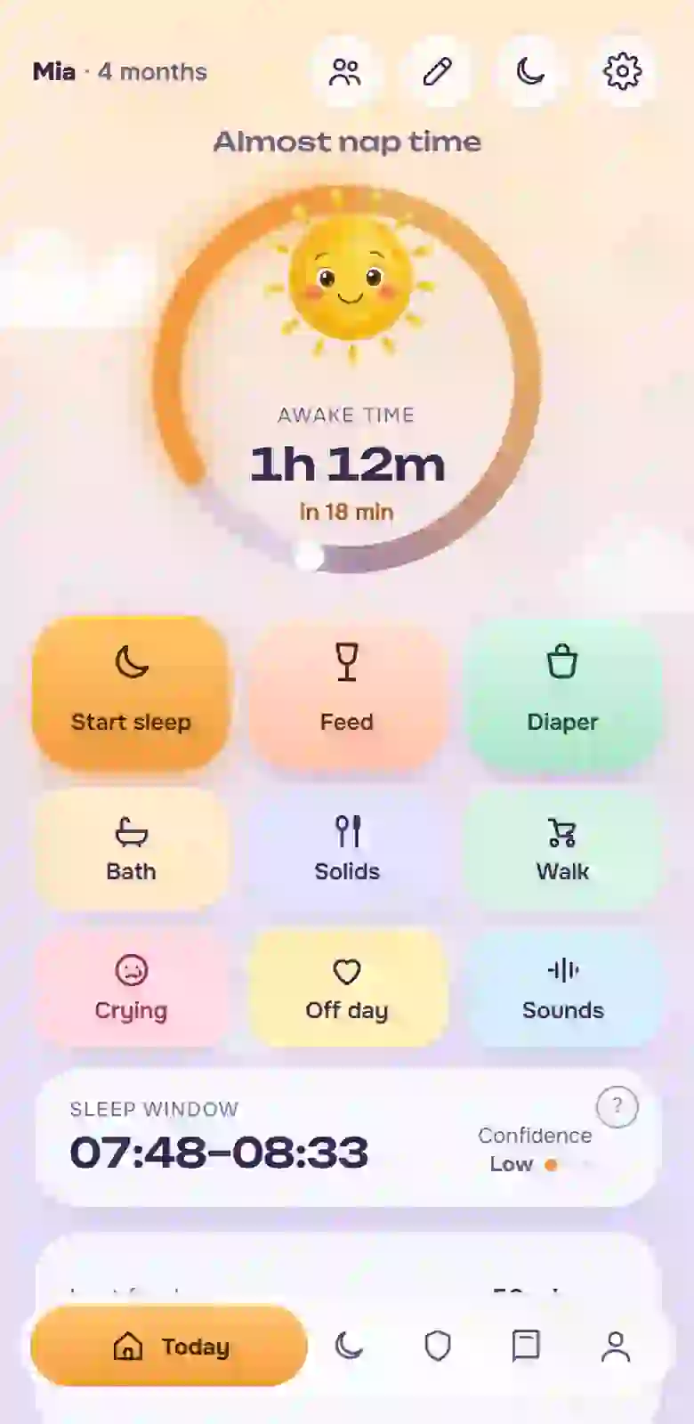 The Estrelu home screen by day: sleep, feed and diaper buttons and the sleep window