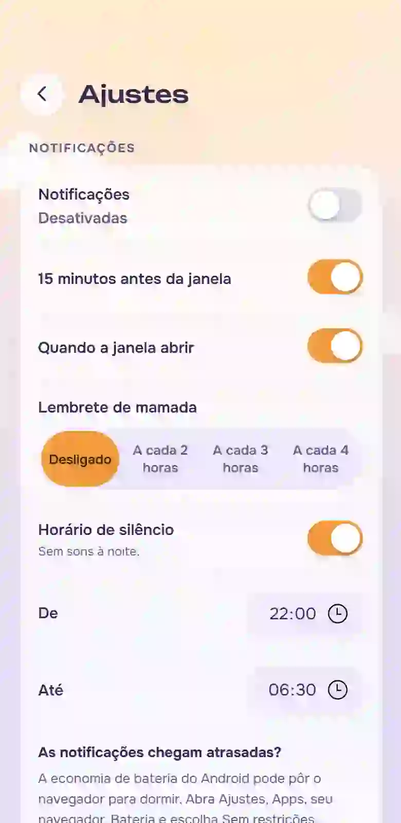 Configurações do aplicativo: dados e idioma